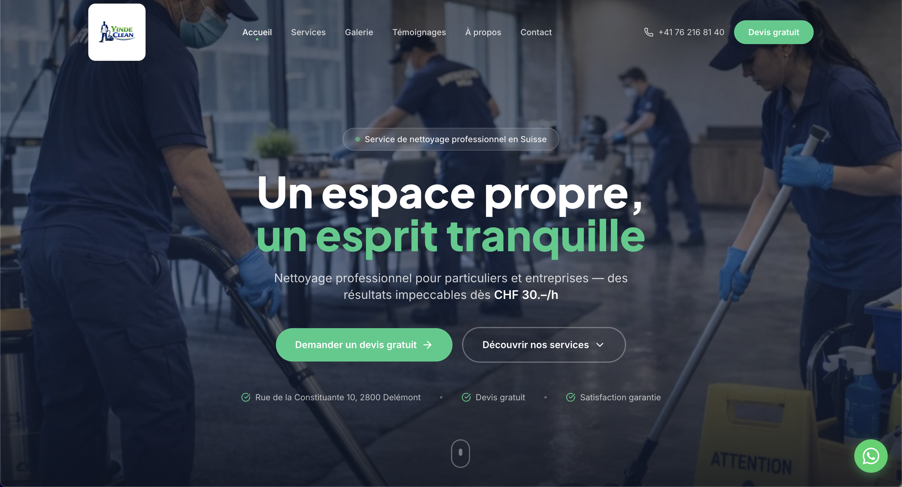 Création d'un site internet vitrine pour YindeClean, une entreprise proposant des services de nettoyage général pour les particuliers, les entreprises et les locaux professionnels.