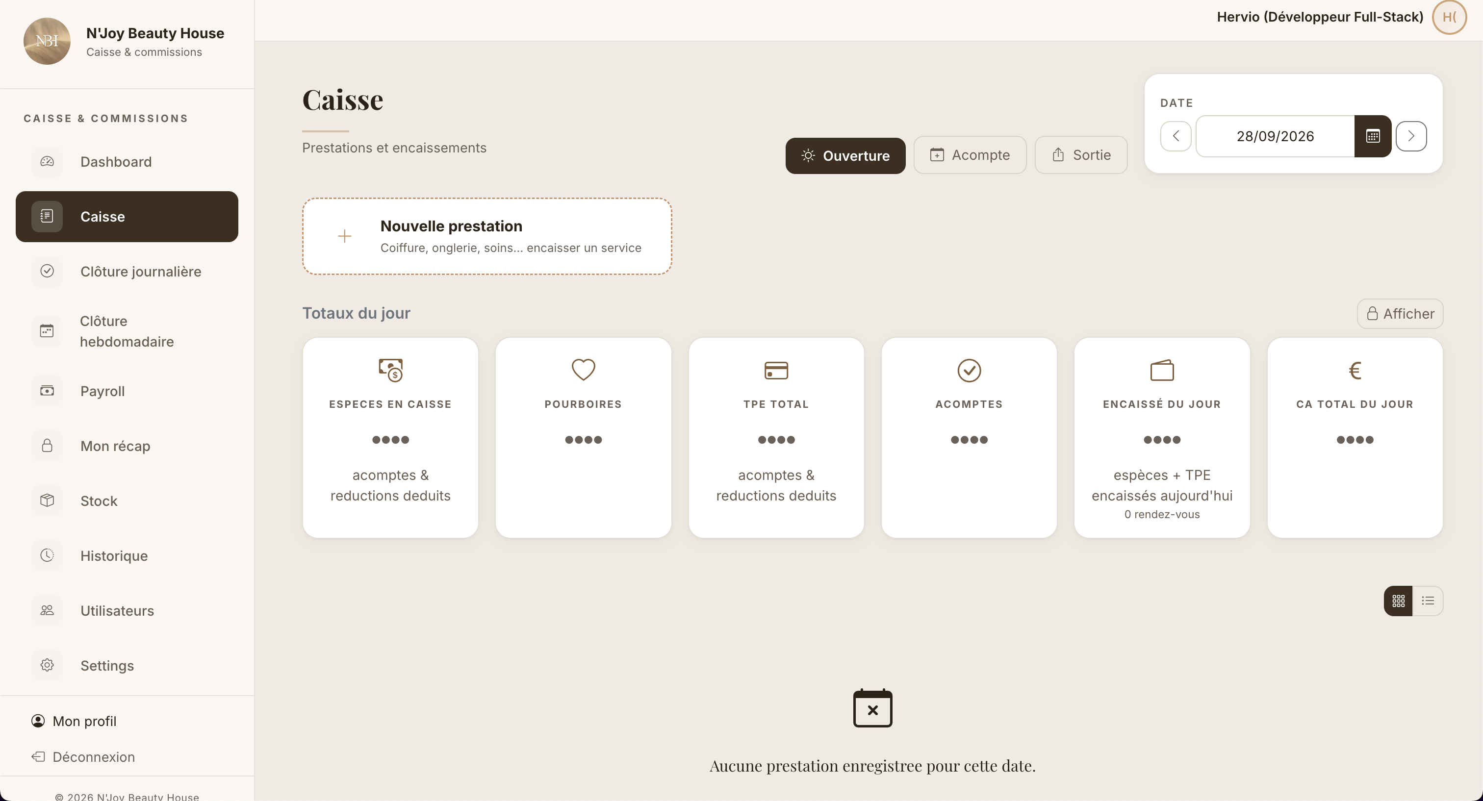 Module de caisse de l'application web N'Joy Beauty House : encaissement des prestations (coiffure, onglerie, soins), gestion des acomptes et des sorties, et totaux du jour (espèces, TPE, pourboires, chiffre d'affaires). Réalisé avec Angular 21.